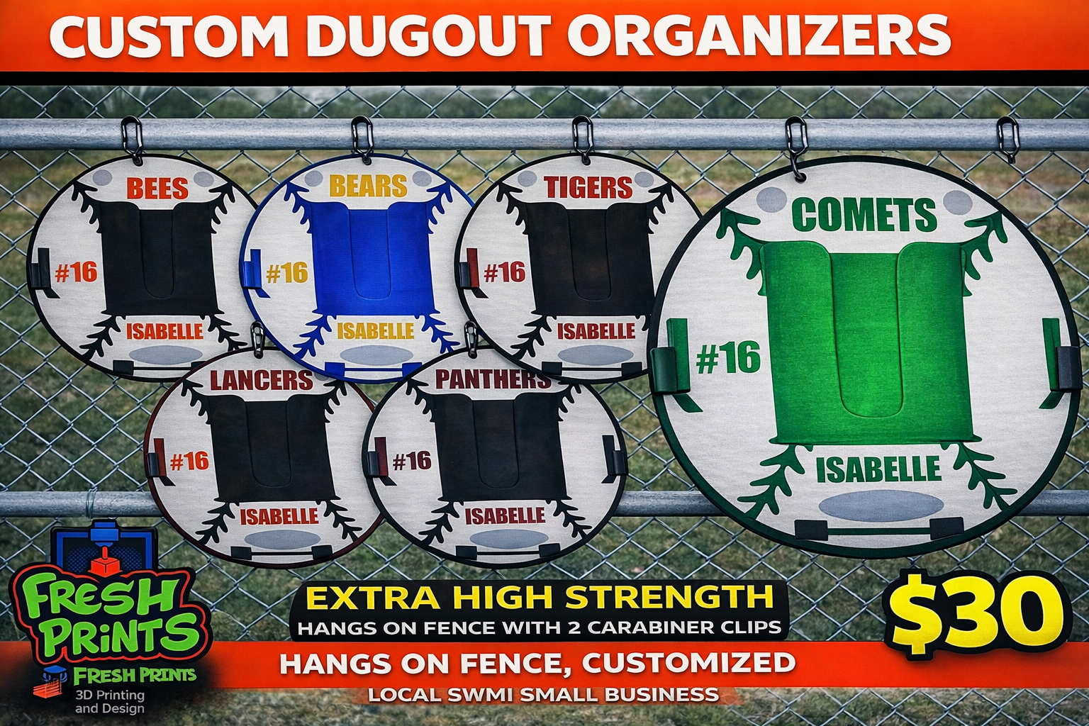 Dugout Organizer – Custom Baseball & Softball Fence Clip Holder
