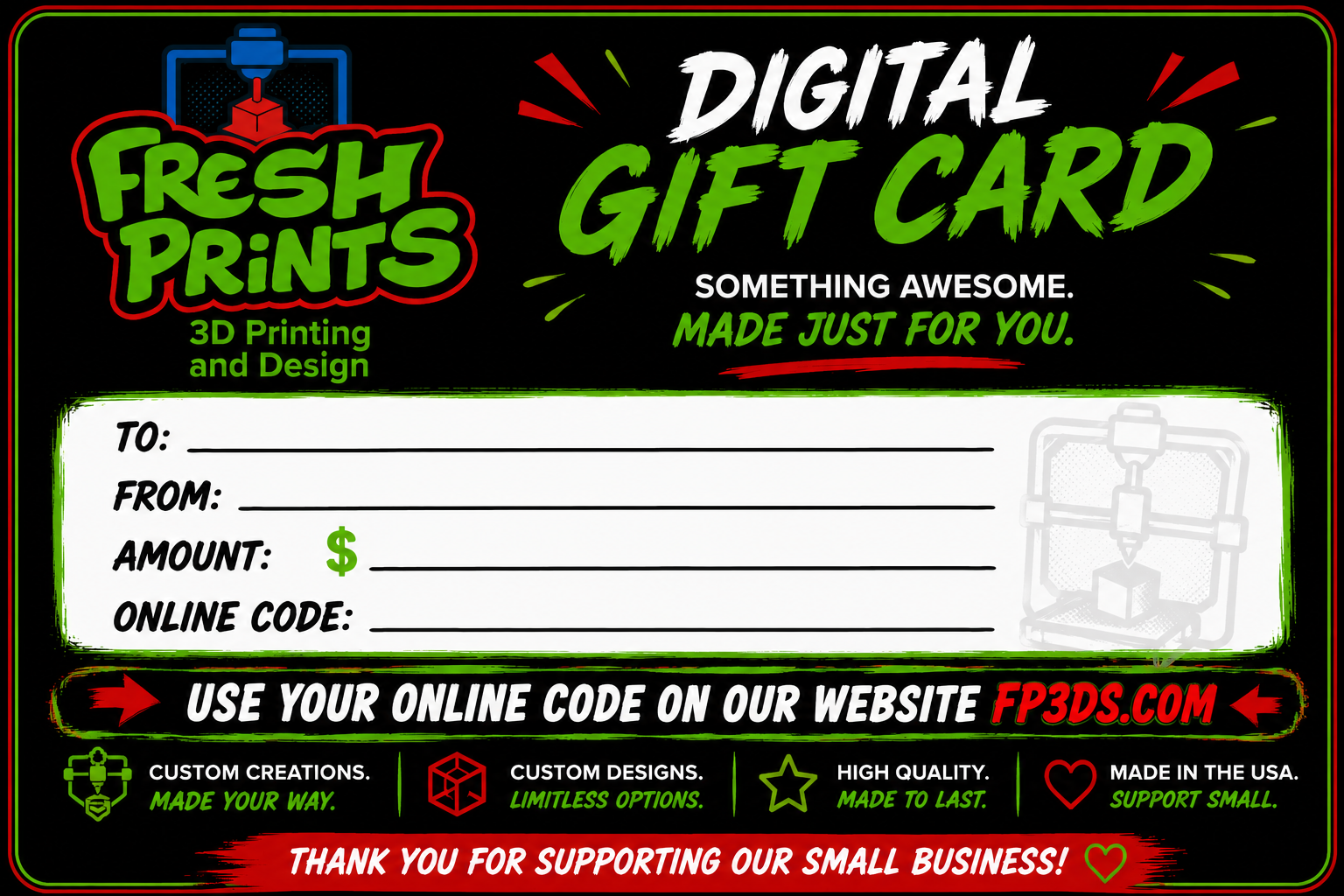 Fresh Prints 3D Printing and Design Digital Gift Card